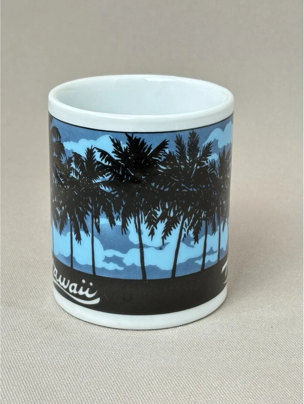 Vintage Hawaii Souvenir Coffee Mug Palm Trees Tropical Island Ceramic Blue Cup